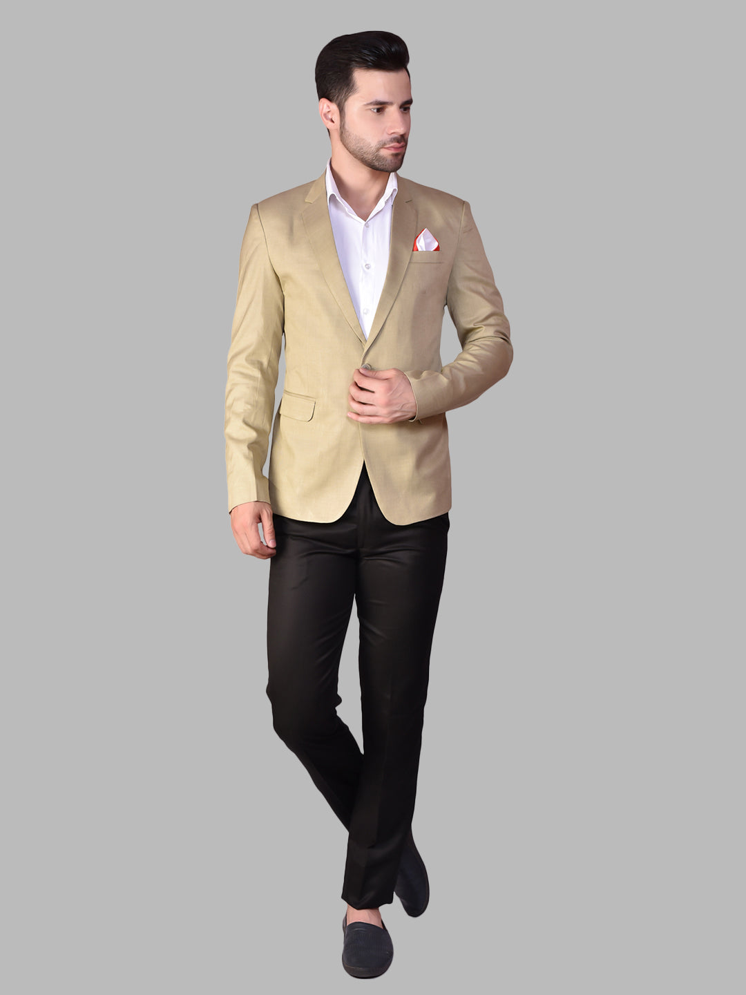 BOWLIFESTYLE Beige Cotton Blend Solid Blazer