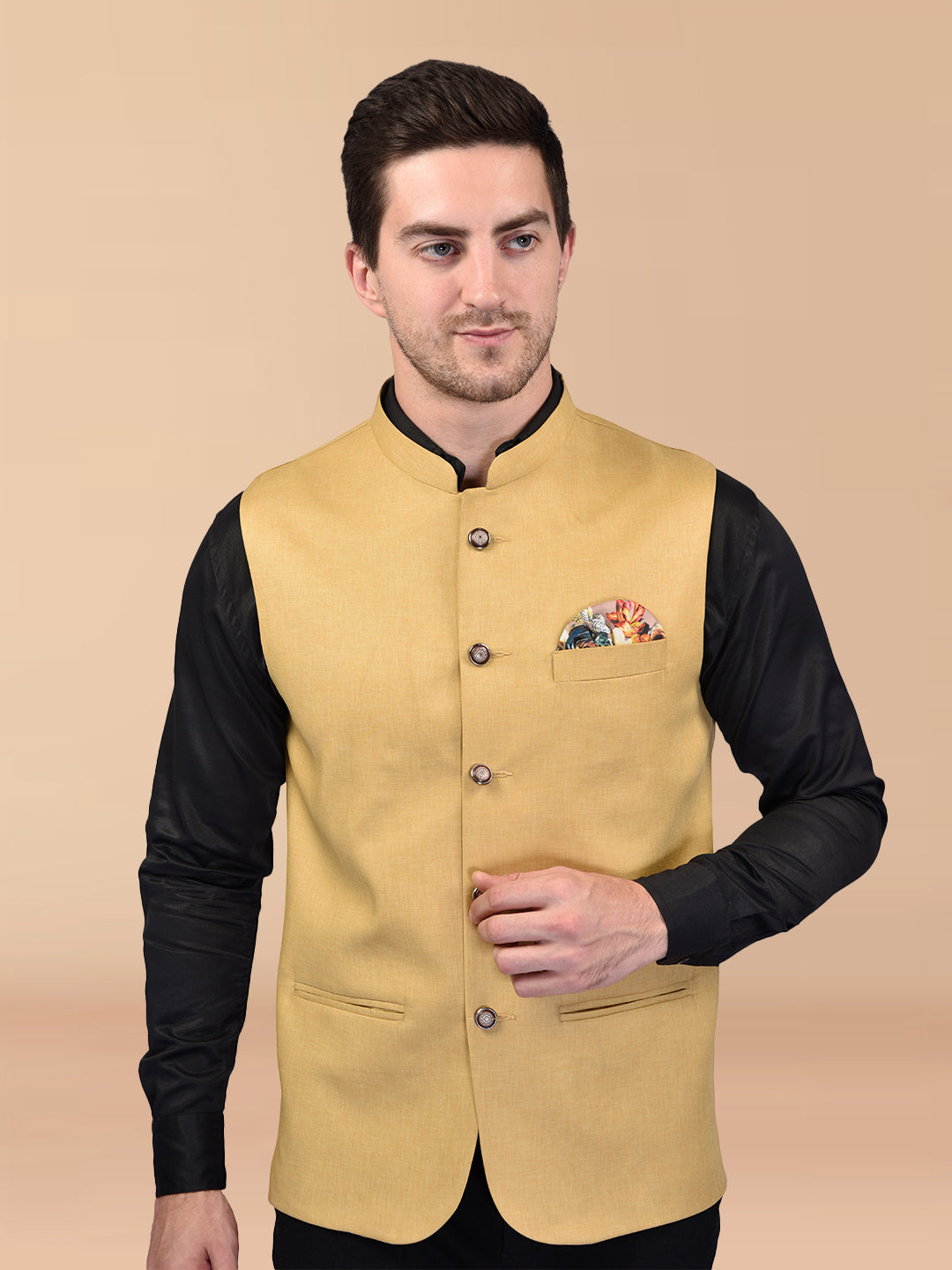 BOWLIFESTYLE Light Yellow Cotton Blend Solid Nehru Jacket