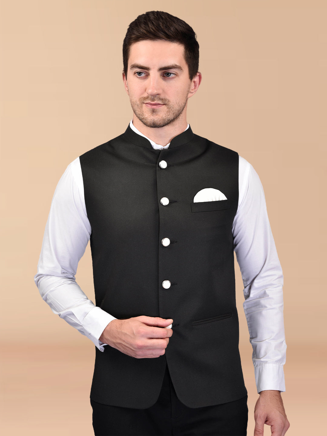 BOWLIFESTYLE Black Cotton Blend Solid Nehru Jacket