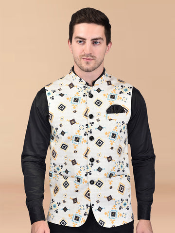 BOWLIFESTYLE White Cotton Blend Printed Nehru Jacket