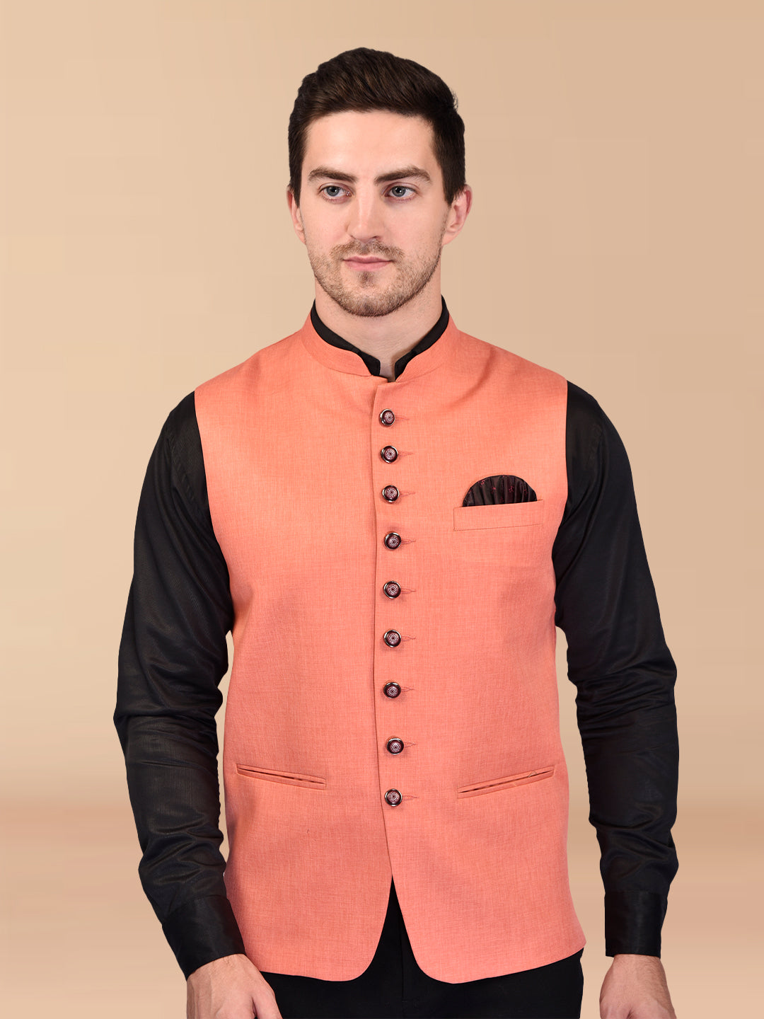 BOWLIFESTYLE Orange Cotton Blend Solid Nehru Jacket