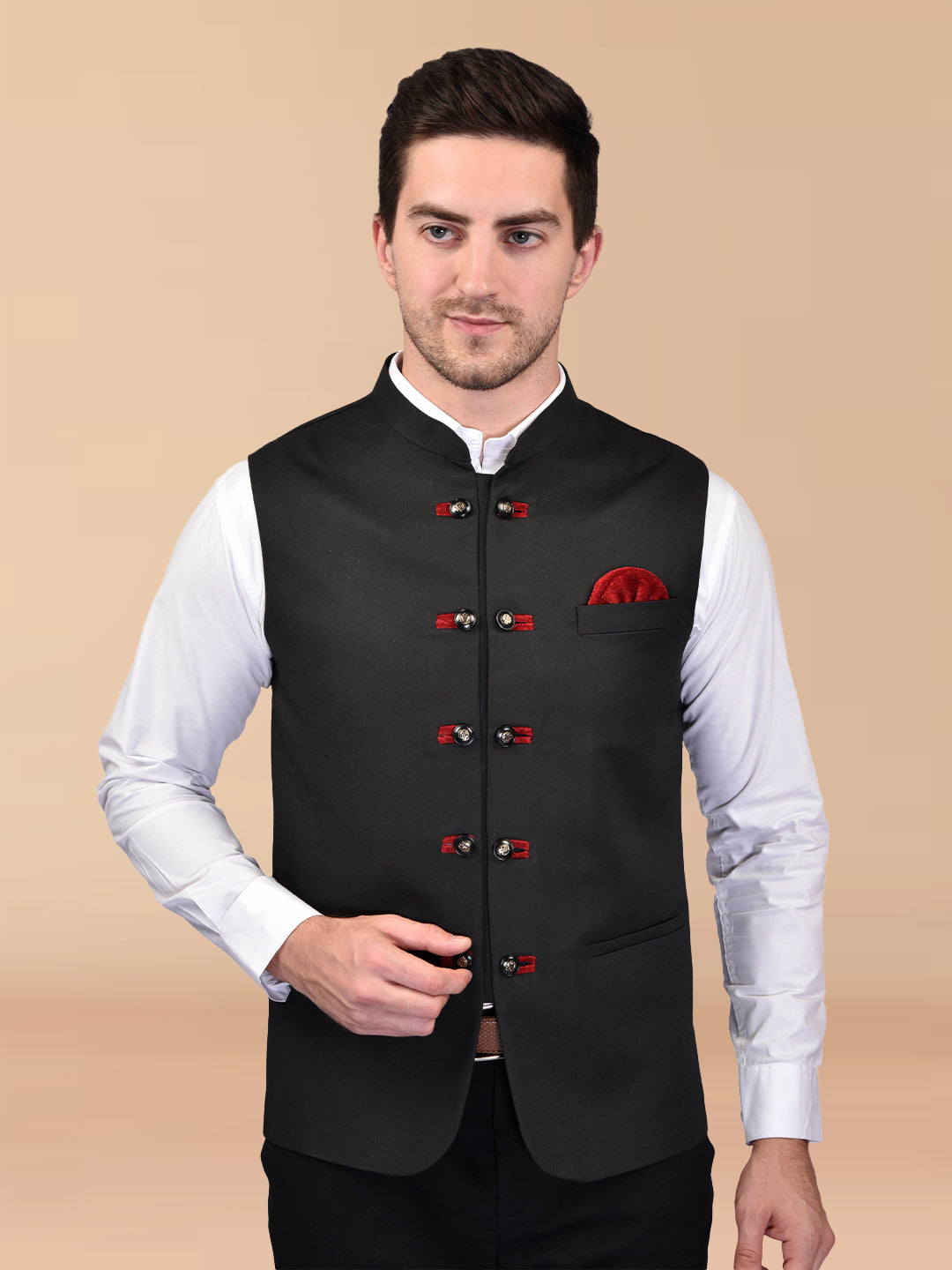 BOWLIFESTYLE Black Cotton Blend Solid Nehru Jacket