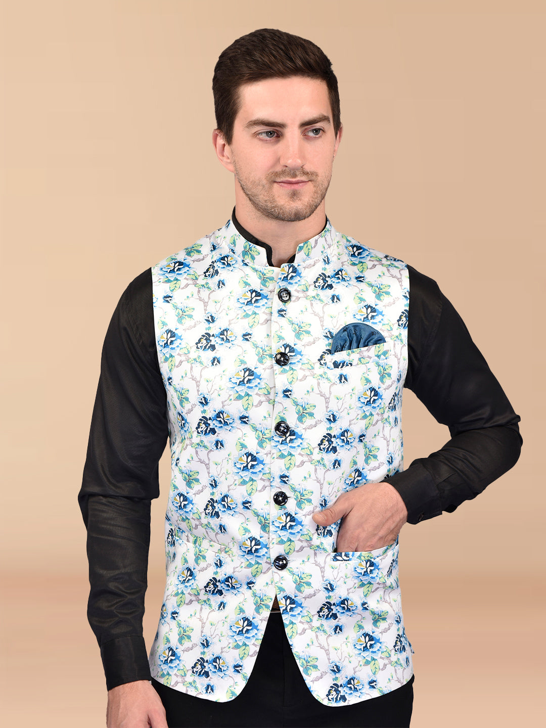 BOWLIFESTYLE BlueMulti Cotton Blend Printed Nehru Jacket