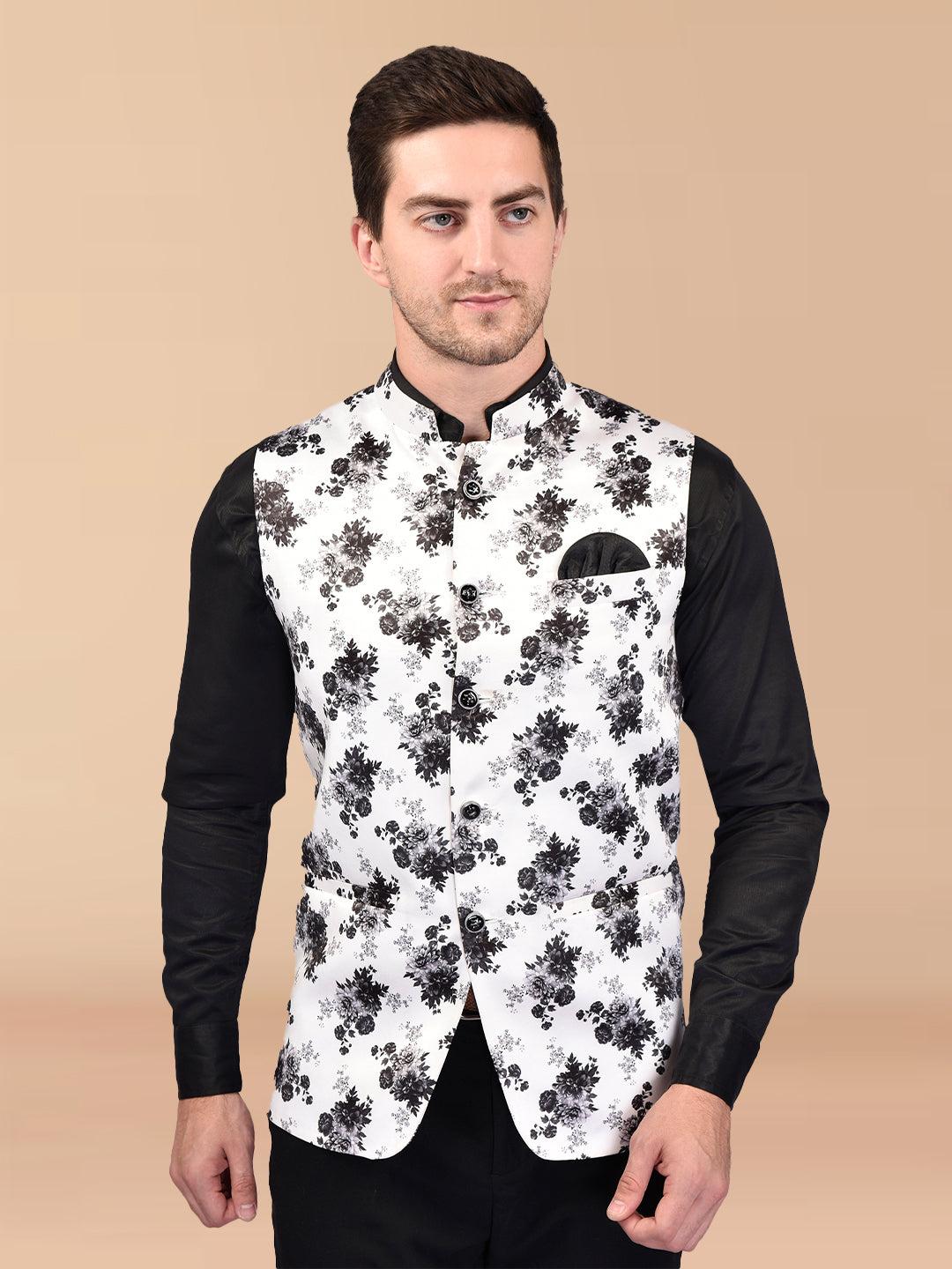 BOWLIFESTYLE Black Cotton Blend Printed Nehru Jacket