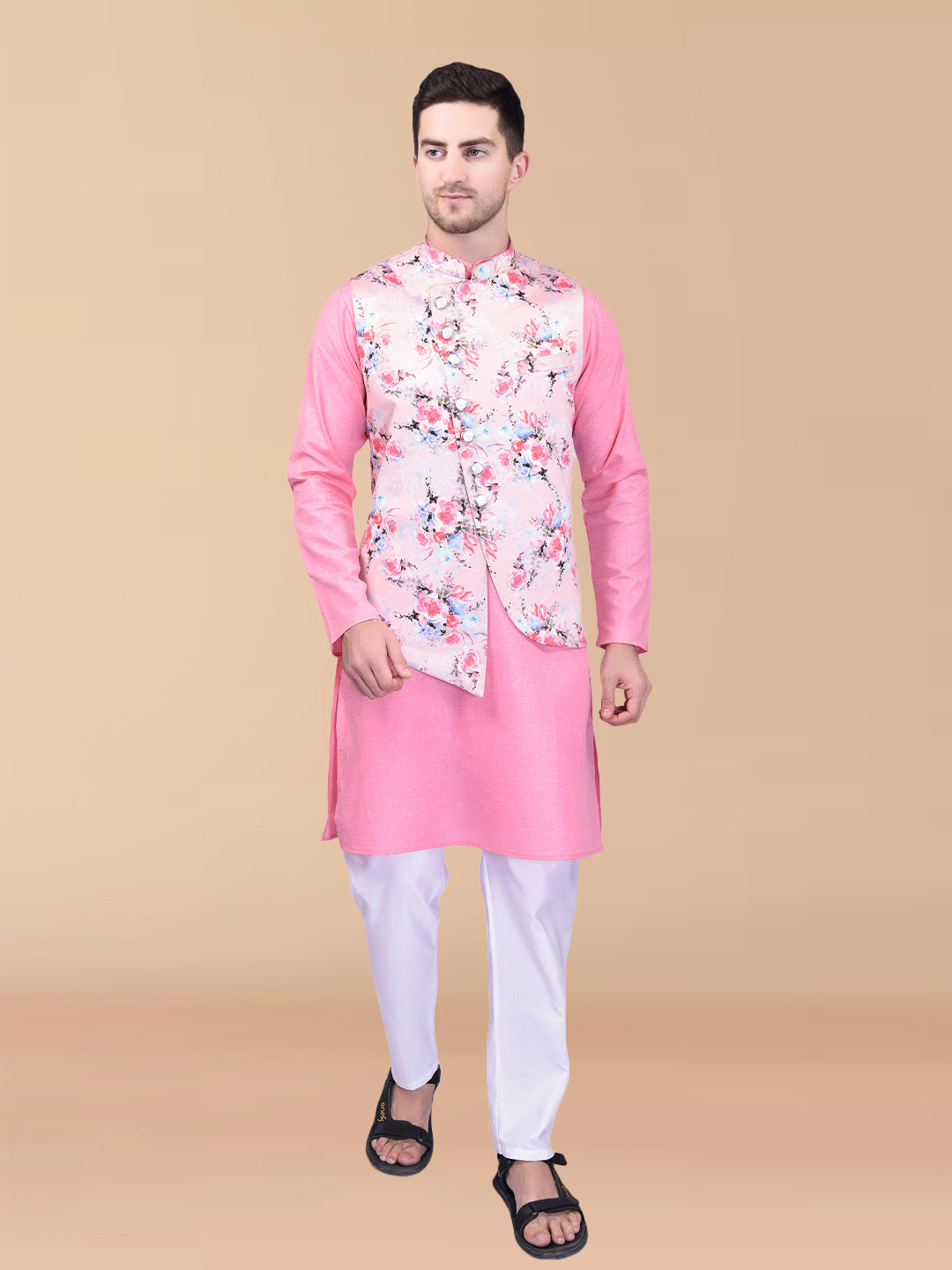 PRINTCULTR Sky Light Pink Solid Pure Cotton Kurta Pant Set With Nehru Jacket