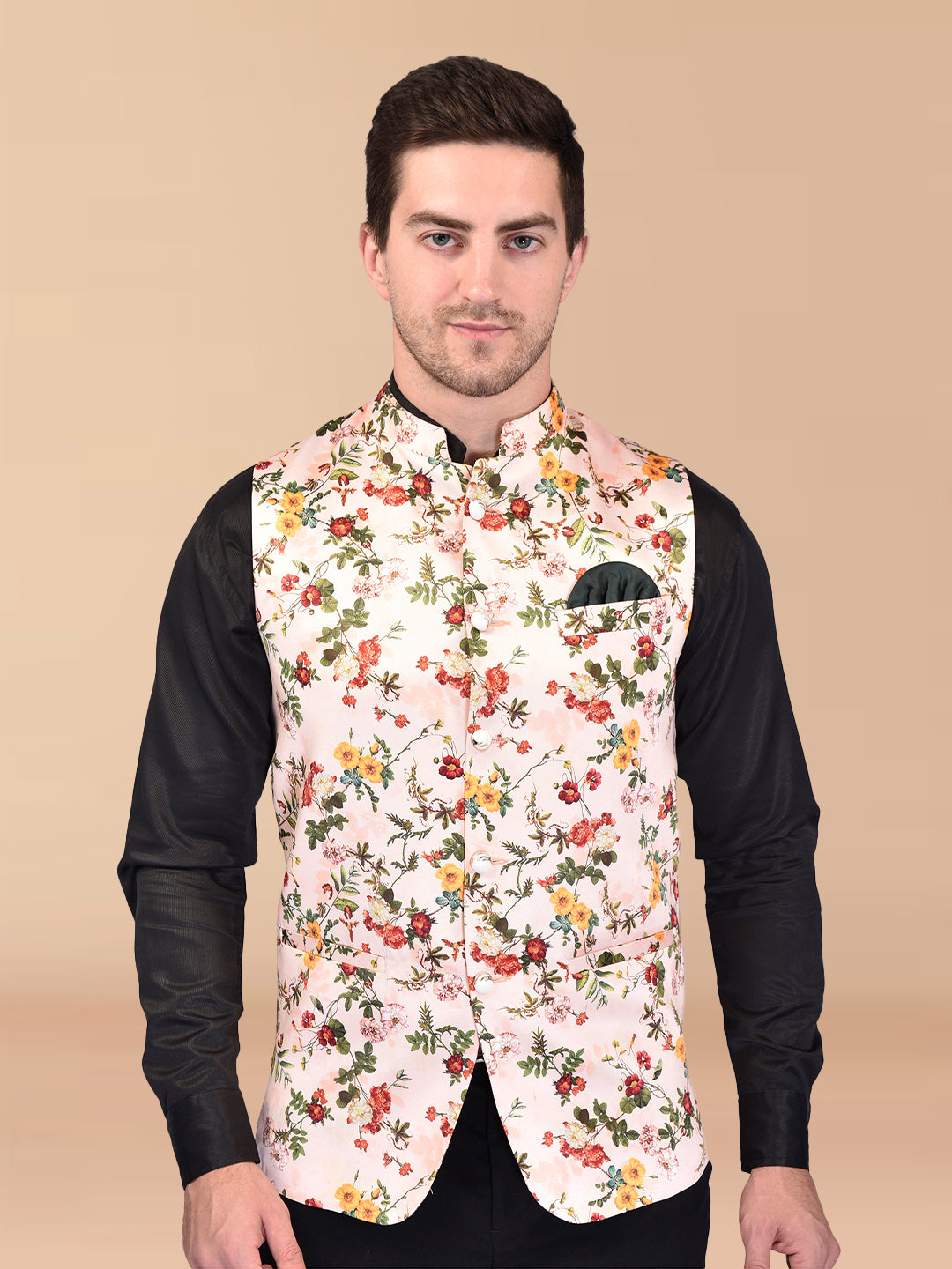 BOWLIFESTYLE RedMulti Cotton Blend Printed Nehru Jacket