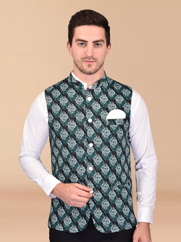 BOWLIFESTYLE Black Cotton Blend Printed Nehru Jacket