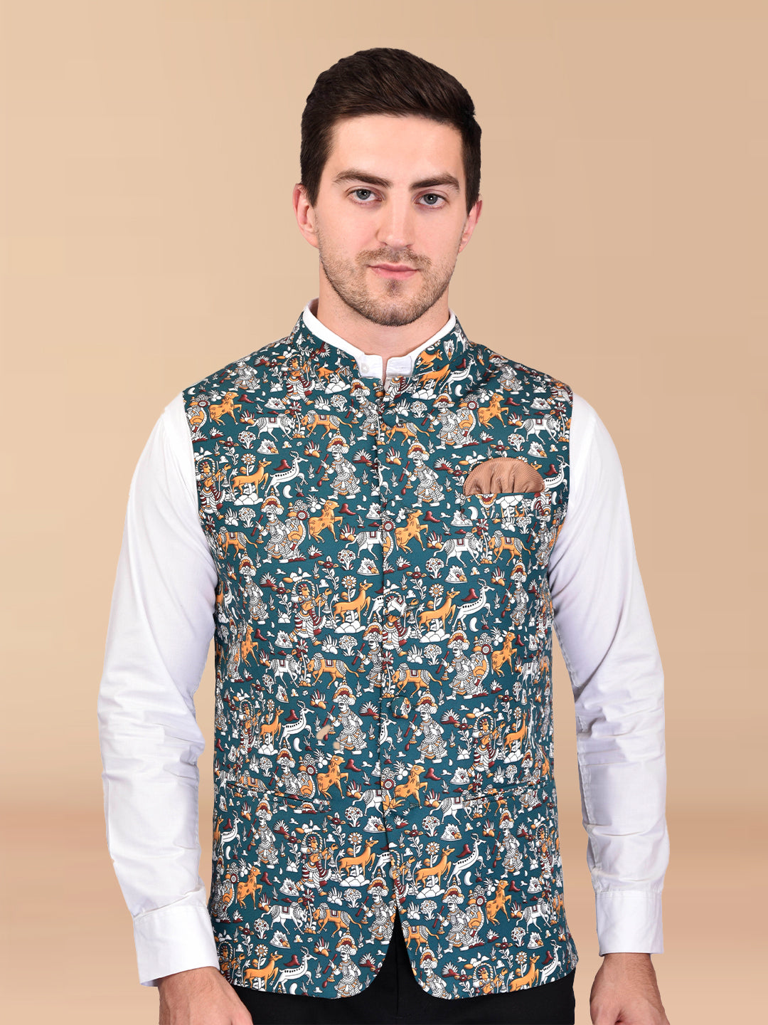 BOWLIFESTYLE Blue Cotton Blend Printed Nehru Jacket