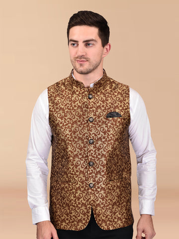 BOWLIFESTYLE Brown Cotton Blend Printed Nehru Jacket