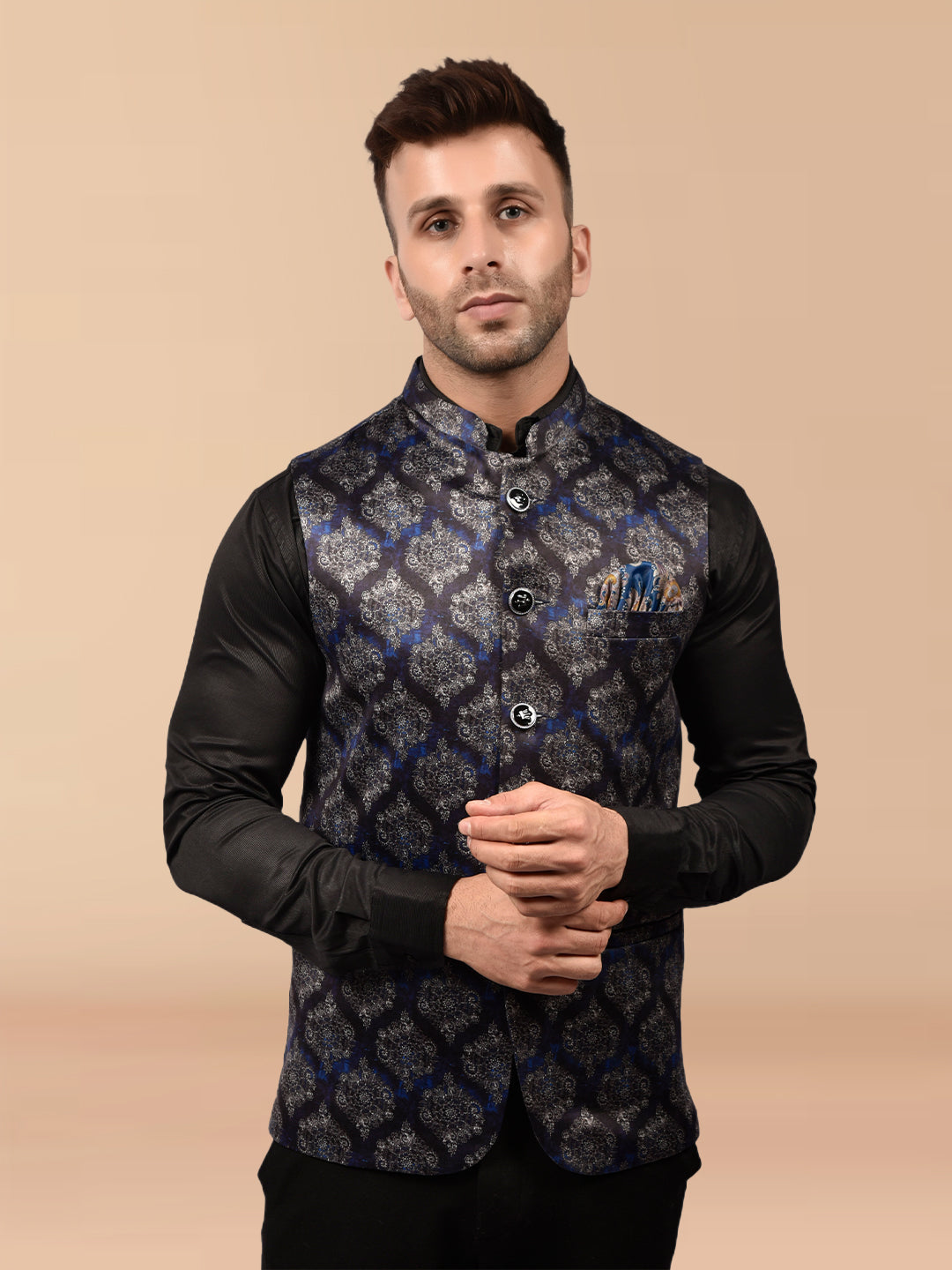 BOWLIFESTYLE Black Cotton Blend Printed Nehru Jacket