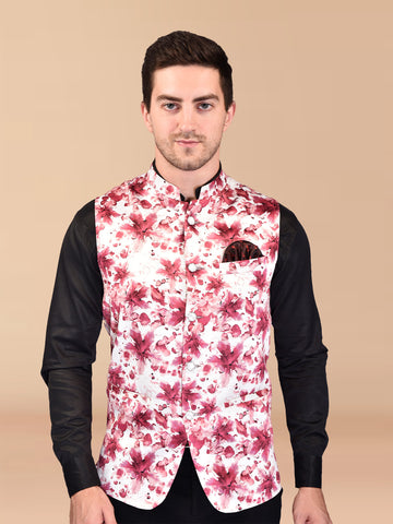 BOWLIFESTYLE MaroonMulti Cotton Blend Printed Nehru Jacket