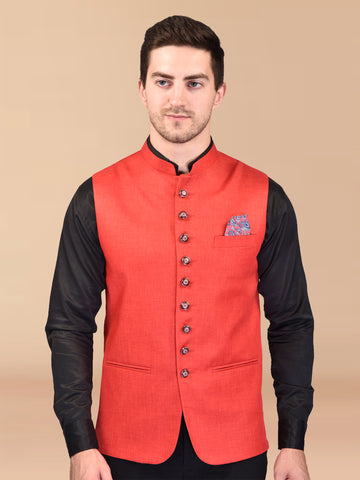 BOWLIFESTYLE Red Cotton Blend Solid Nehru Jacket