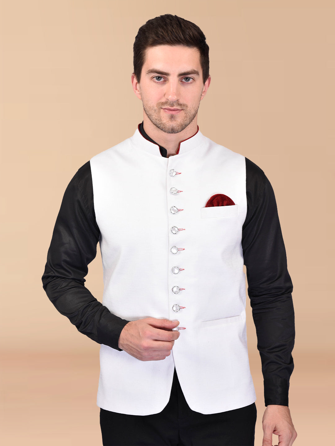 BOWLIFESTYLE White Cotton Blend Solid Nehru Jacket