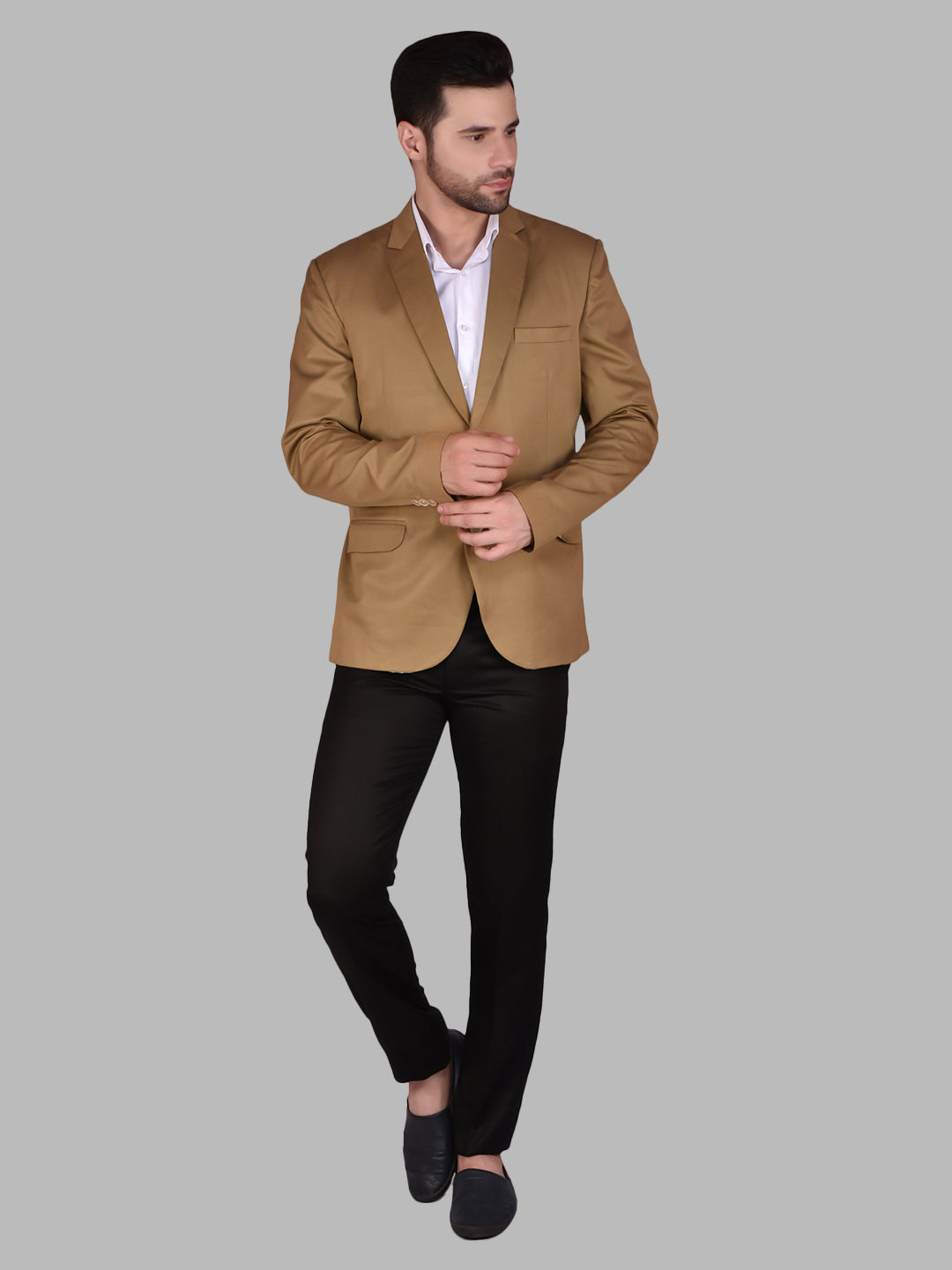 BOWLIFESTYLE Taupe Cotton Blend Solid Blazer