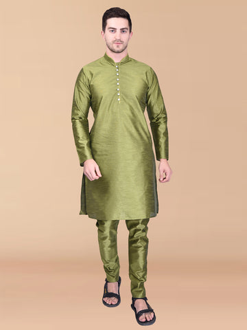 PRINTCULTR Green Solid Pure Silk Kurta Pant Set