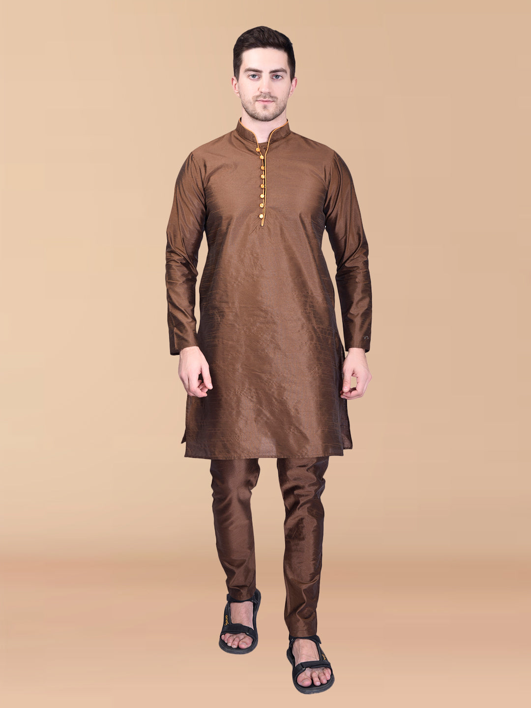 PRINTCULTR Brown Solid Pure Silk Kurta Pant Set