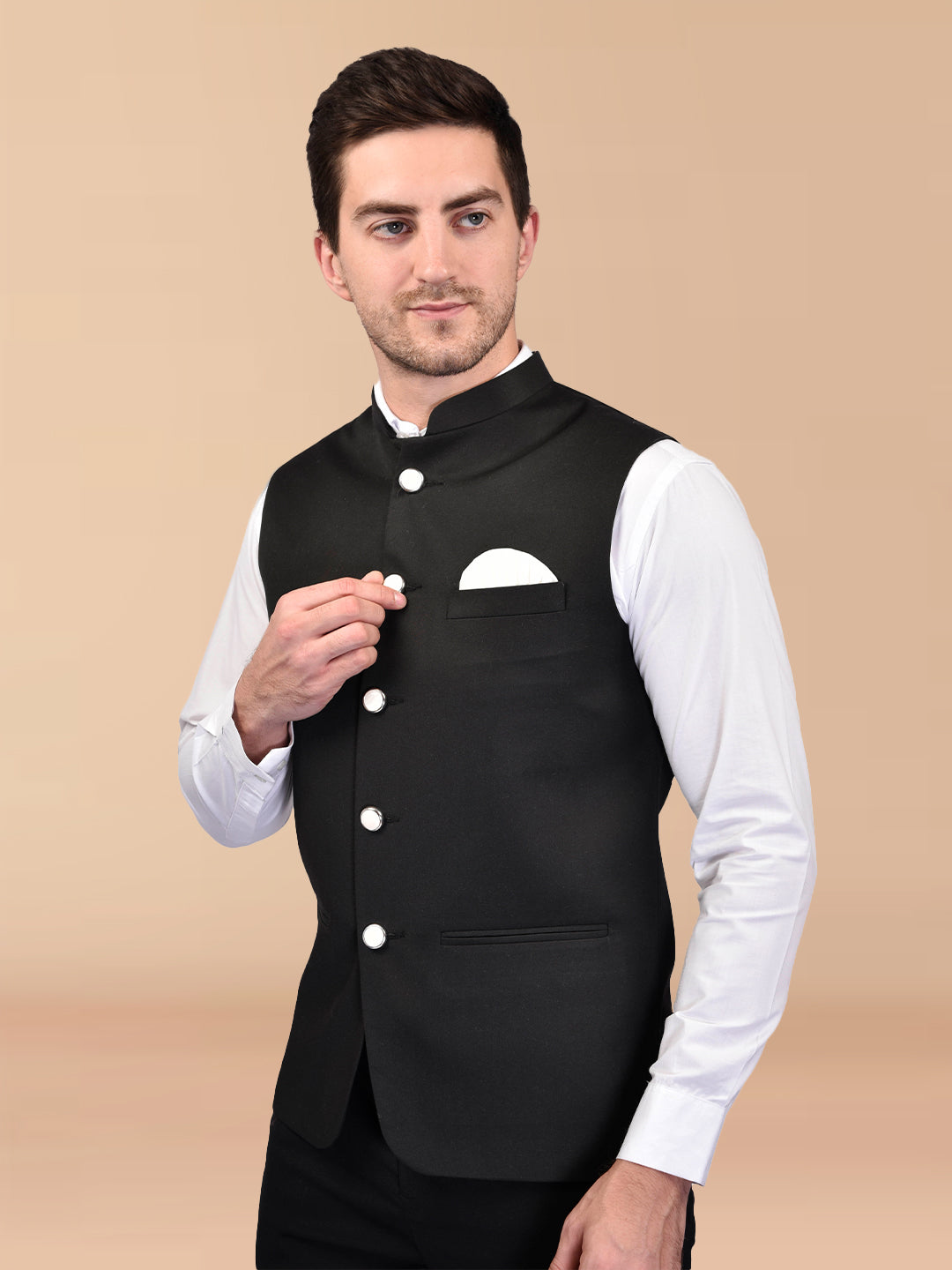 BOWLIFESTYLE Black Cotton Blend Solid Nehru Jacket