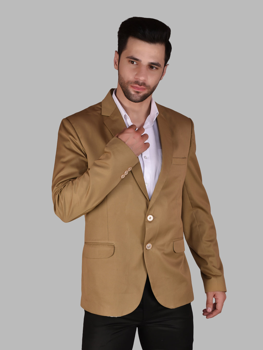 BOWLIFESTYLE Taupe Cotton Blend Solid Blazer