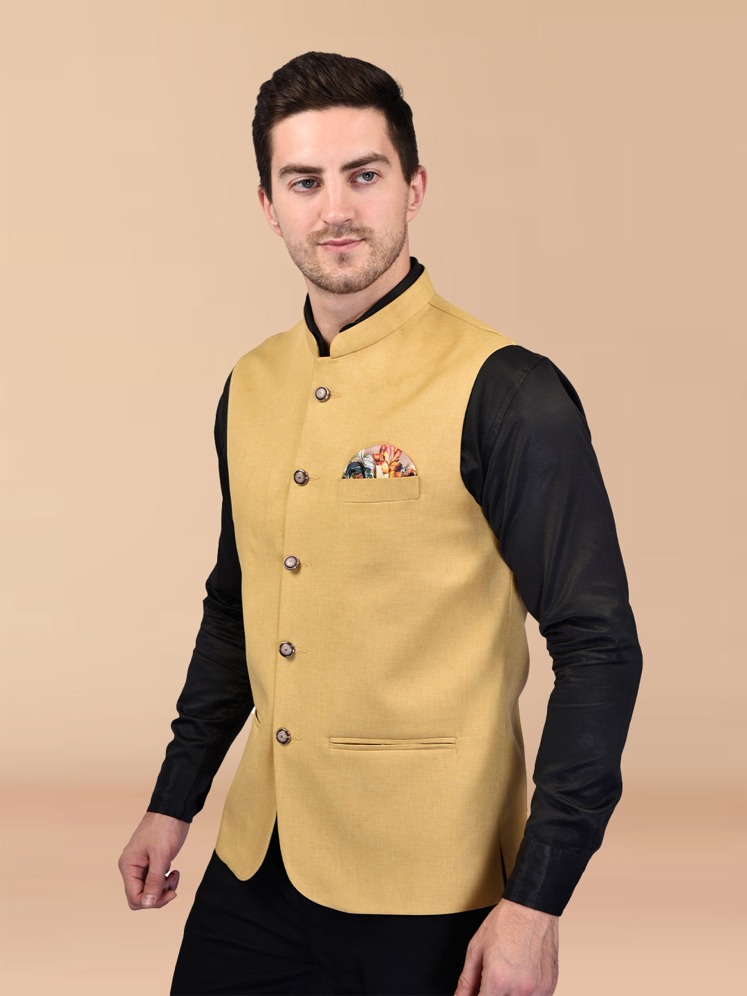 BOWLIFESTYLE Light Yellow Cotton Blend Solid Nehru Jacket