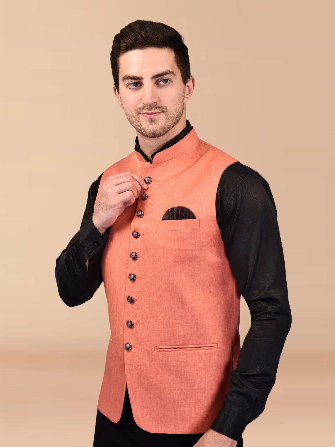 BOWLIFESTYLE Orange Cotton Blend Solid Nehru Jacket