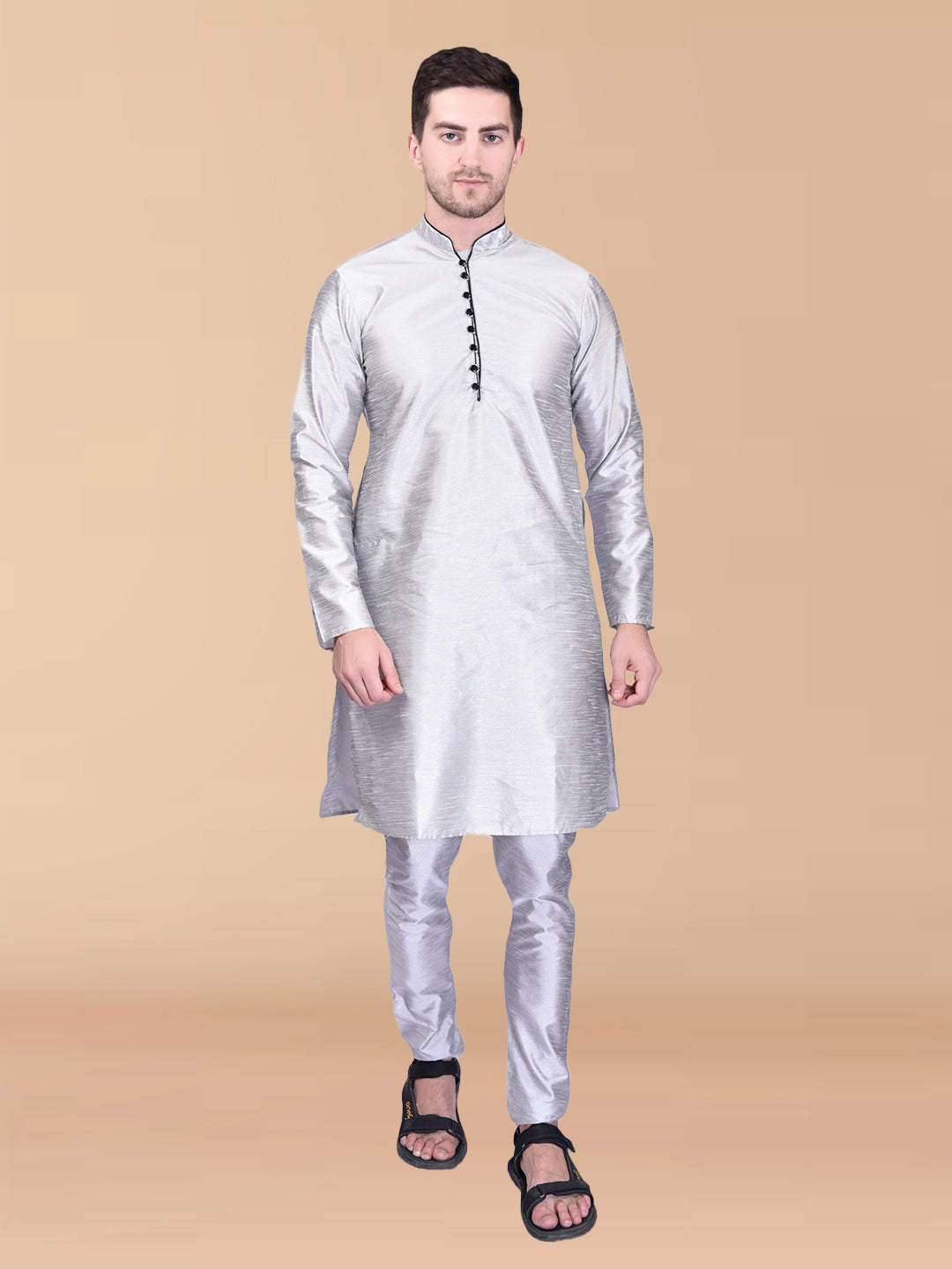 PRINTCULTR Silver Solid Pure Silk Kurta Pant Set