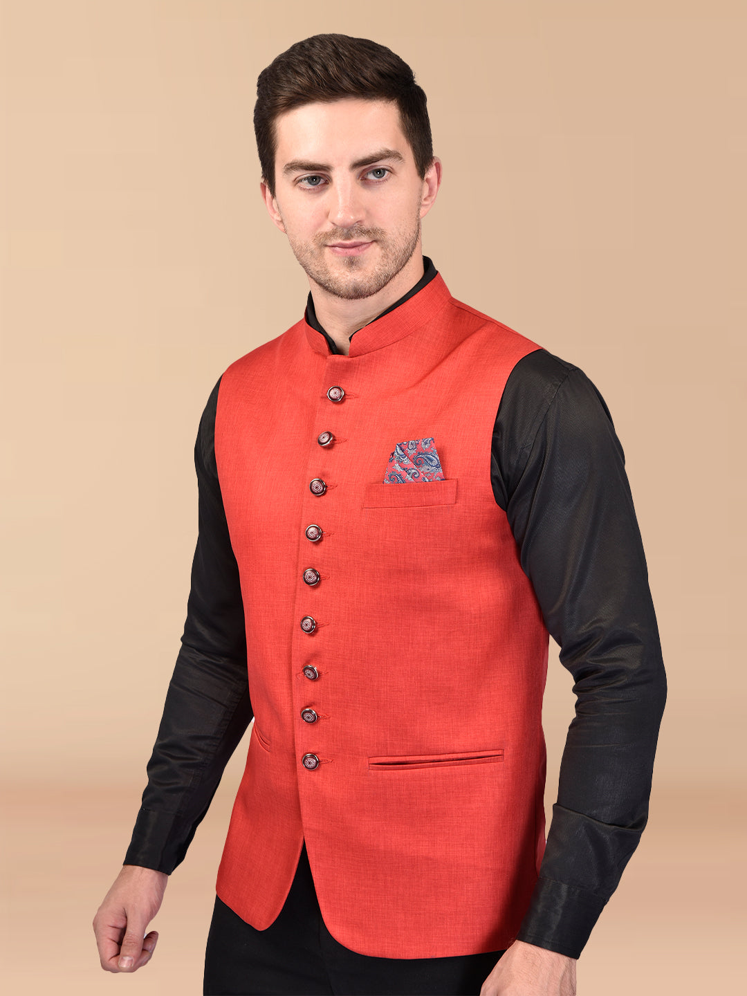 BOWLIFESTYLE Red Cotton Blend Solid Nehru Jacket