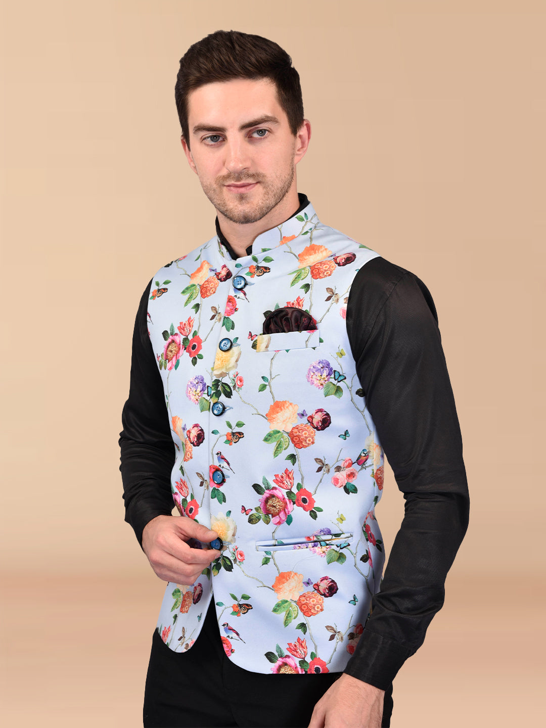 BOWLIFESTYLE Sky Cotton Blend Printed Nehru Jacket