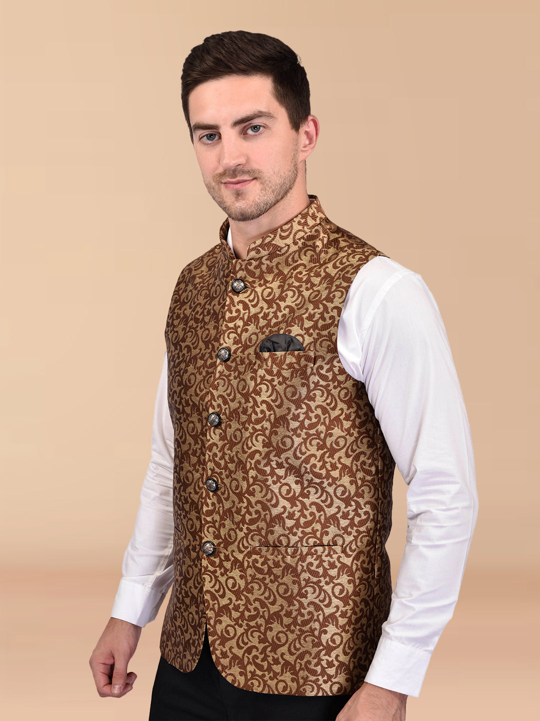 BOWLIFESTYLE Brown Cotton Blend Printed Nehru Jacket