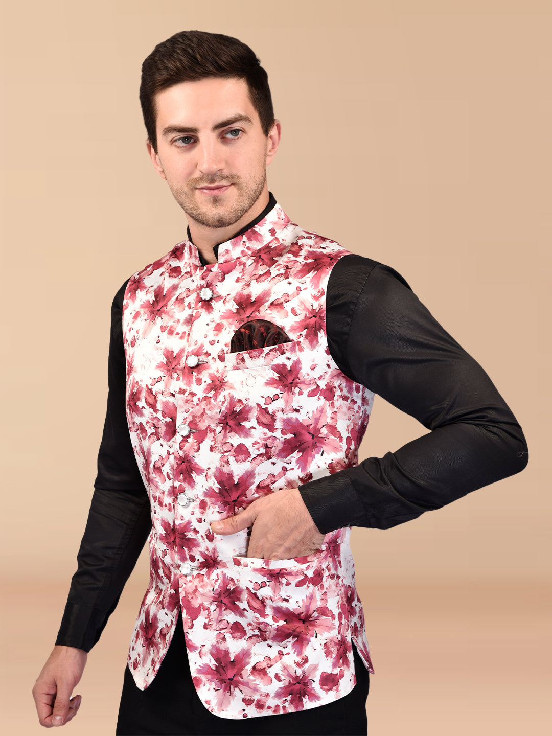 BOWLIFESTYLE MaroonMulti Cotton Blend Printed Nehru Jacket