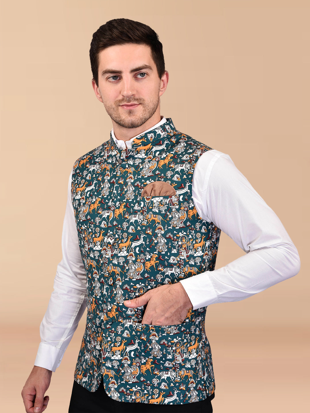 BOWLIFESTYLE Blue Cotton Blend Printed Nehru Jacket