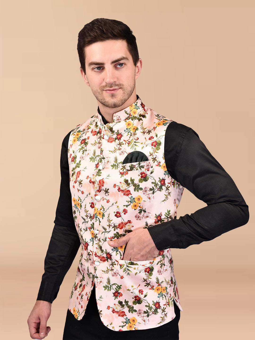 BOWLIFESTYLE RedMulti Cotton Blend Printed Nehru Jacket