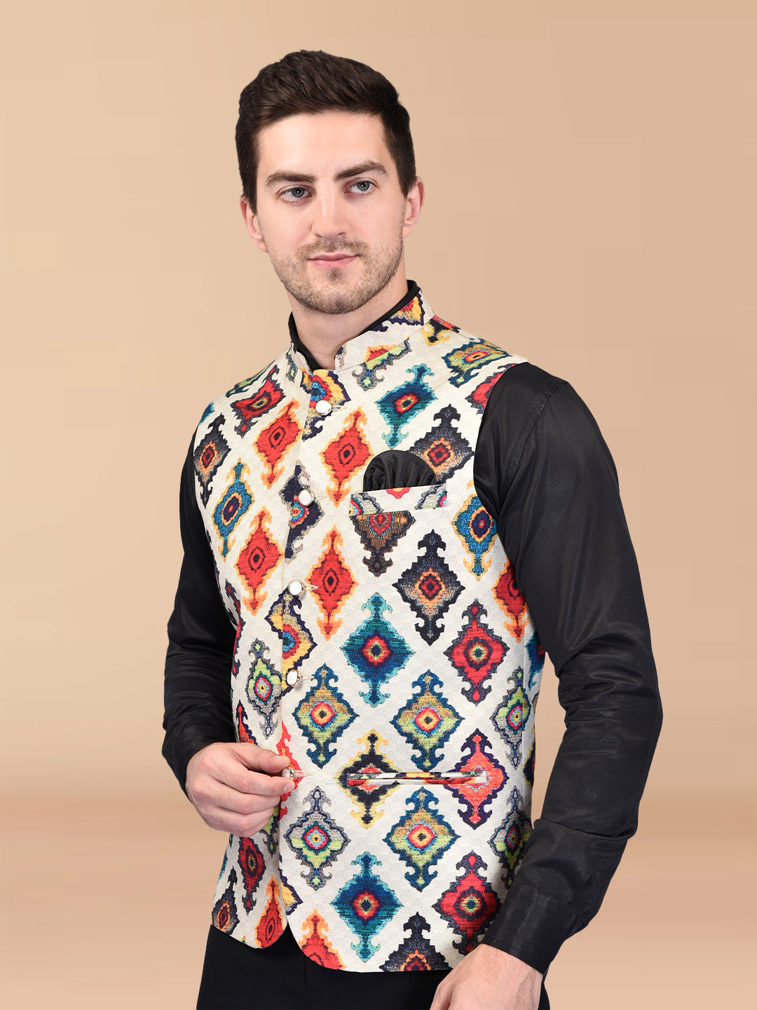 BOWLIFESTYLE Multicolor Cotton Blend Printed Nehru Jacket