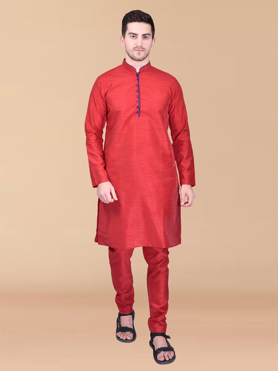 PRINTCULTR Red Solid Pure Silk Kurta Pant Set