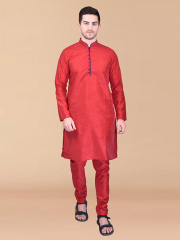 PRINTCULTR Red Solid Pure Silk Kurta Pant Set