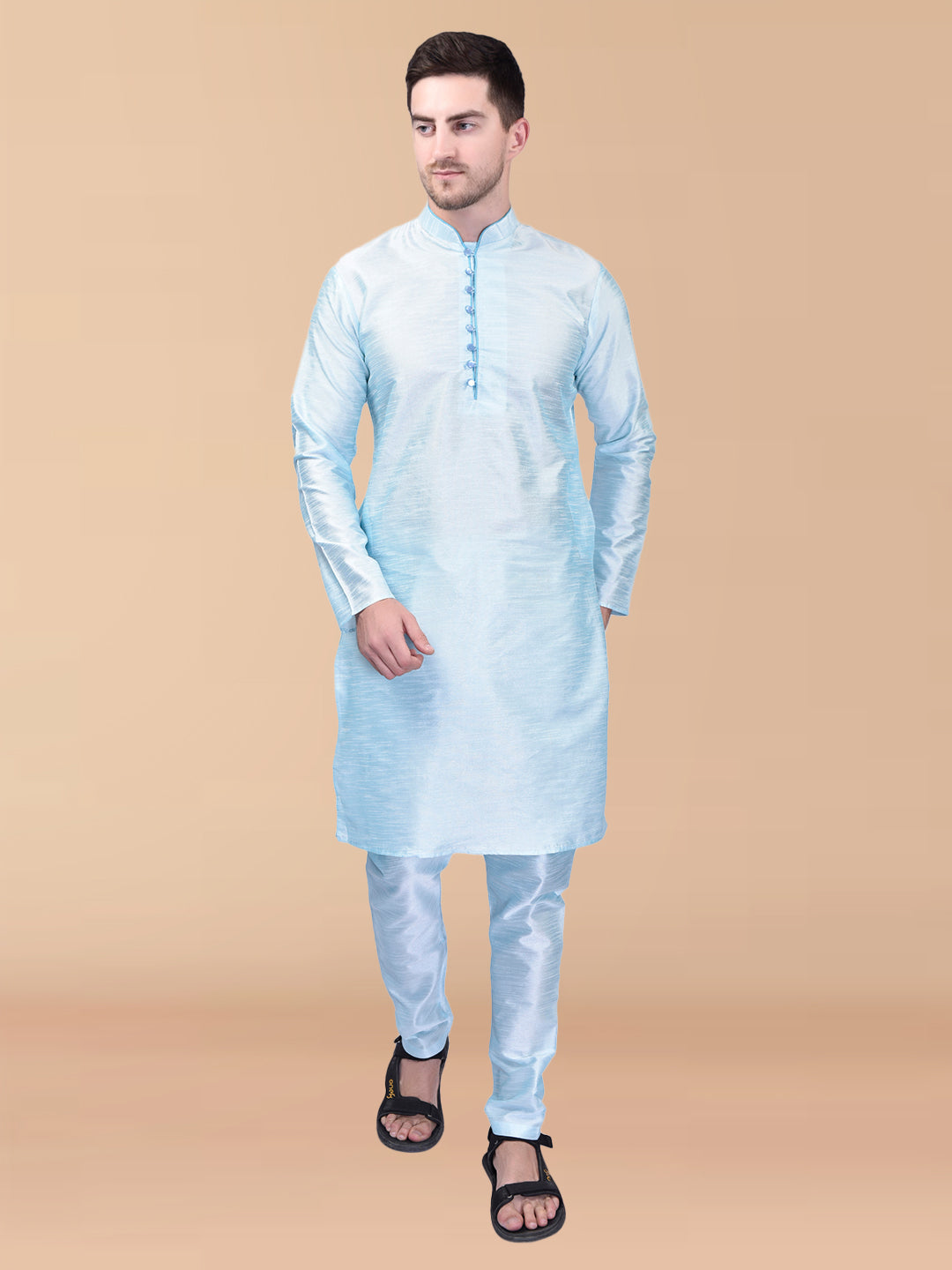 PRINTCULTR Light Blue Solid Pure Silk Kurta Pant Set