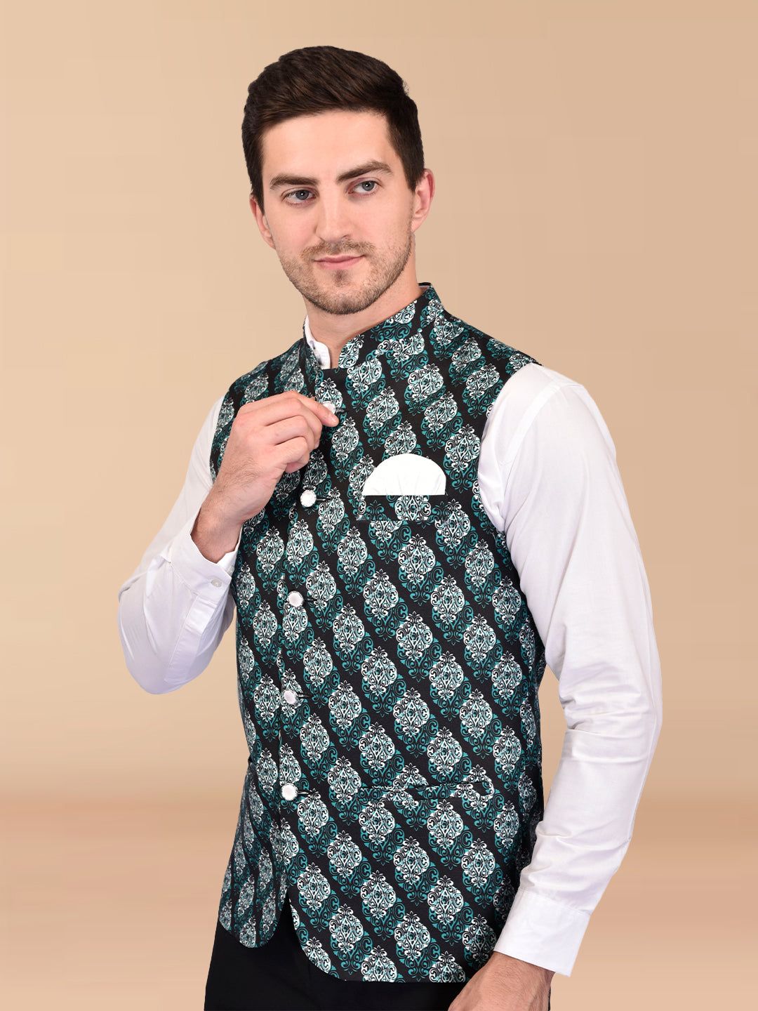 BOWLIFESTYLE Black Cotton Blend Printed Nehru Jacket