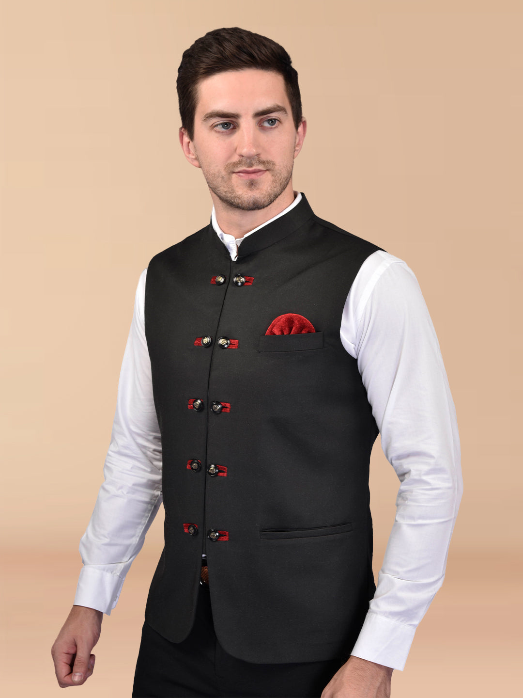 BOWLIFESTYLE Black Cotton Blend Solid Nehru Jacket