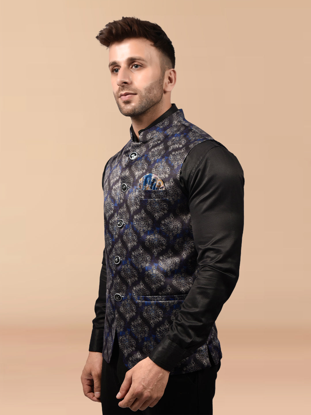 BOWLIFESTYLE Black Cotton Blend Printed Nehru Jacket