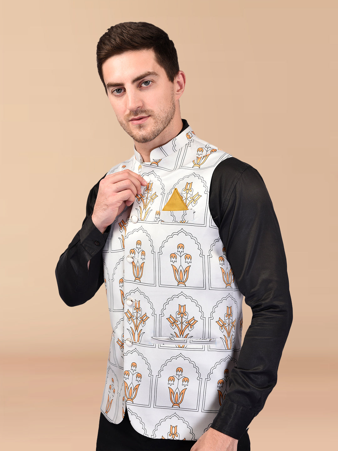 BOWLIFESTYLE White Cotton Blend Printed Nehru Jacket