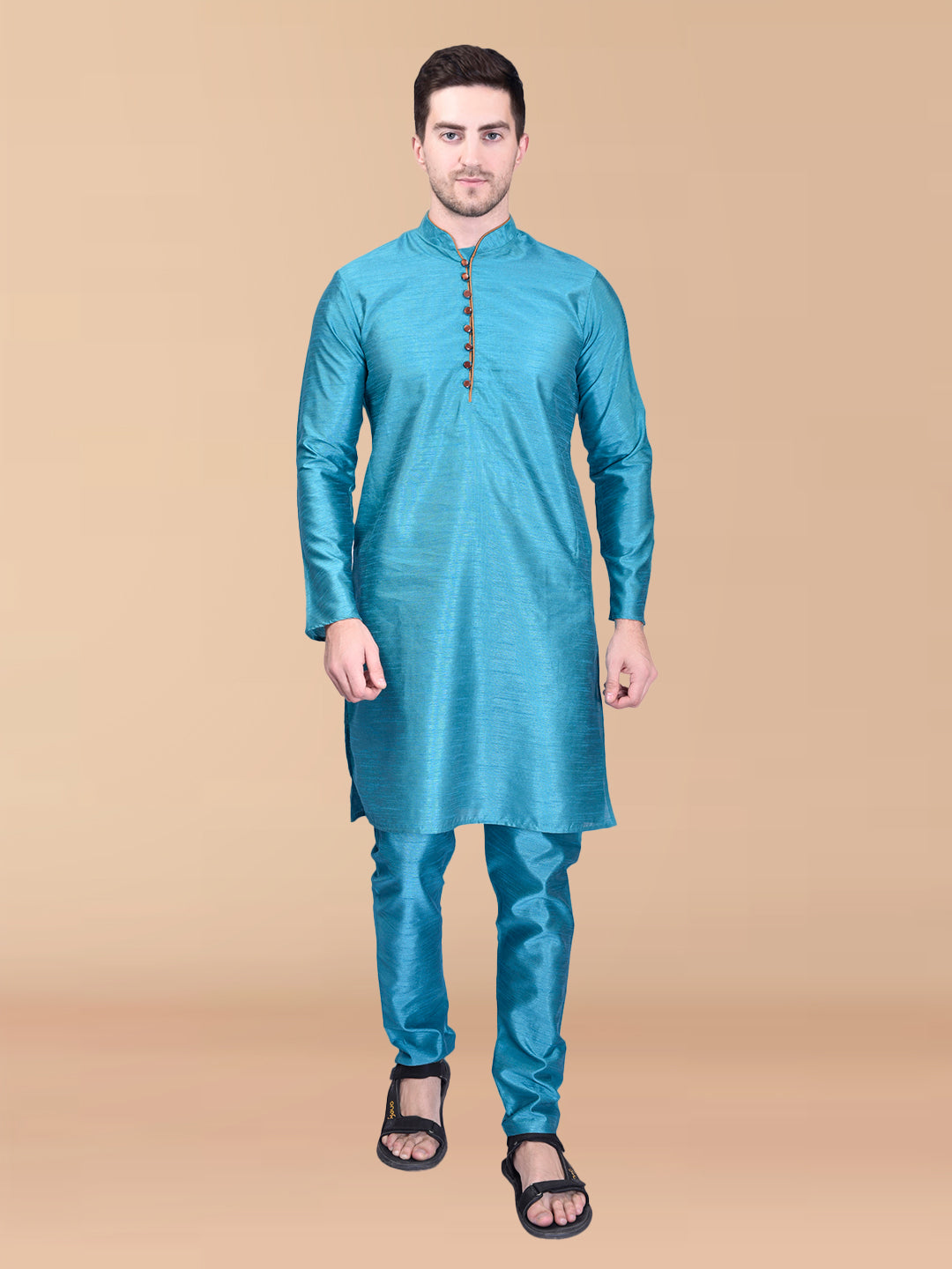 PRINTCULTR Blue Solid Pure Silk Kurta Pant Set