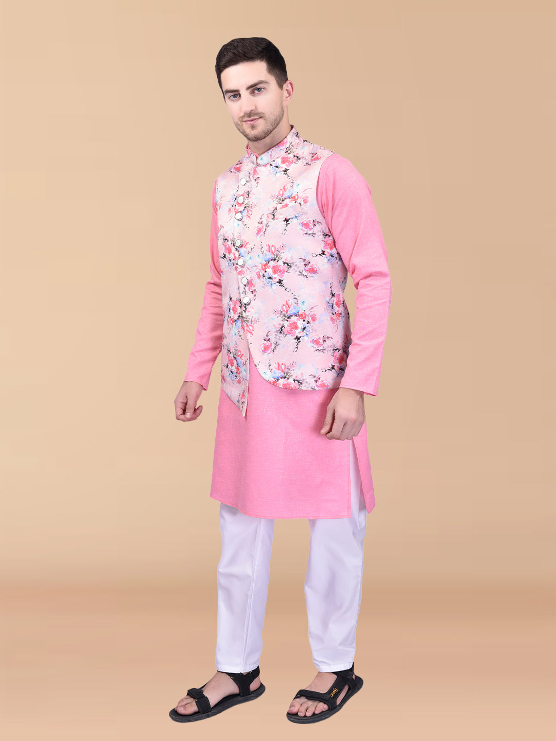 PRINTCULTR Sky Light Pink Solid Pure Cotton Kurta Pant Set With Nehru Jacket