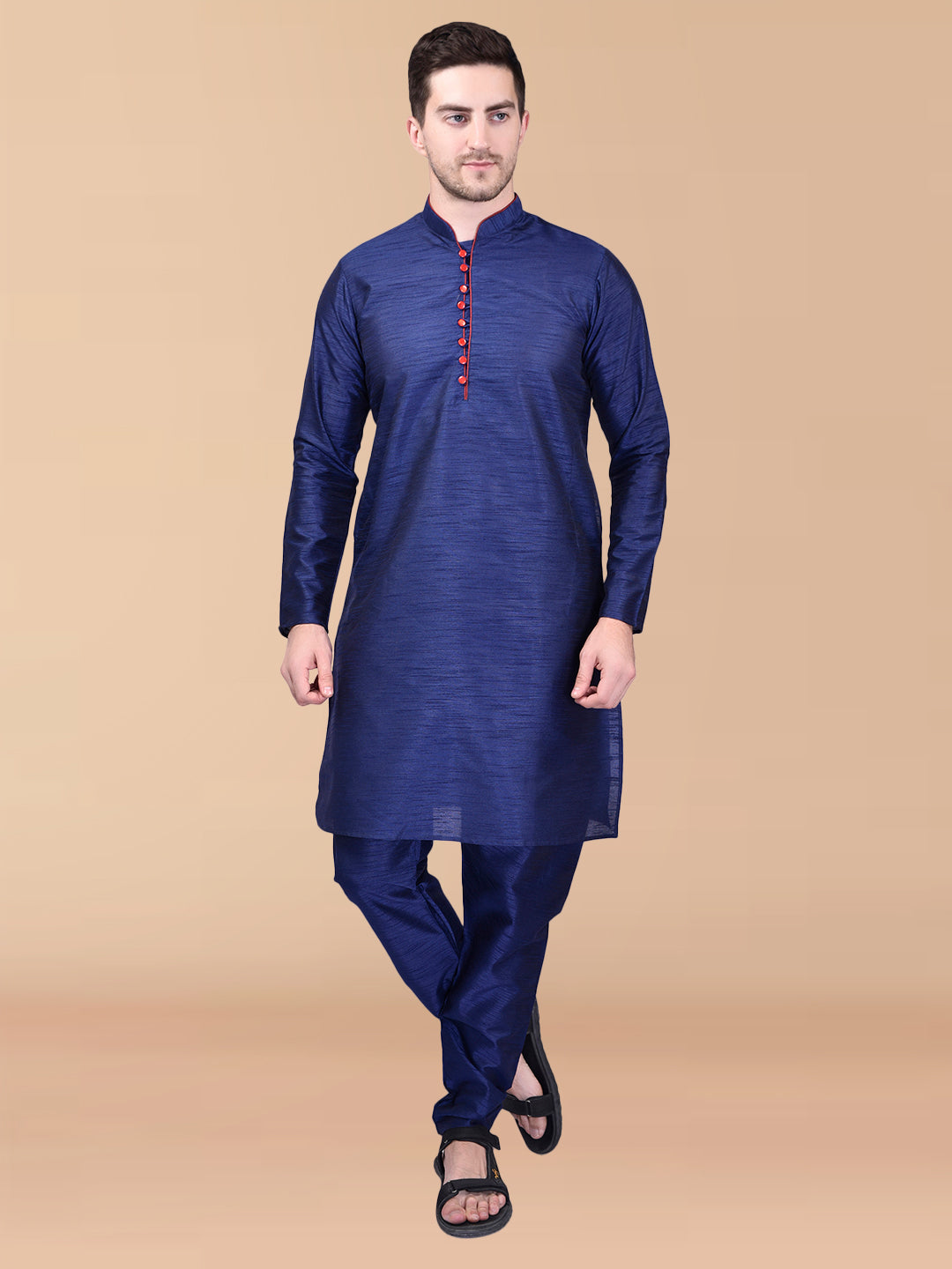 PRINTCULTR Navy Blue Solid Pure Silk Kurta Pant Set