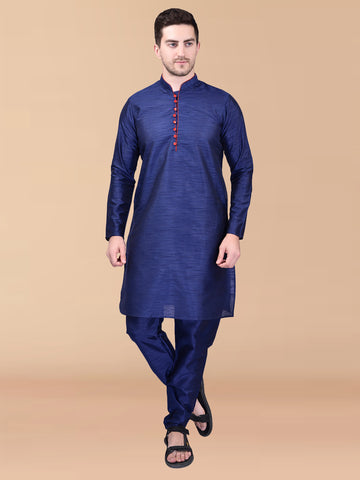 PRINTCULTR Navy Blue Solid Pure Silk Kurta Pant Set