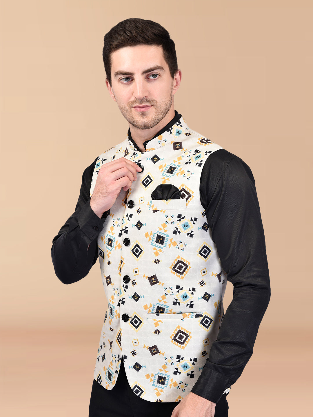 BOWLIFESTYLE White Cotton Blend Printed Nehru Jacket