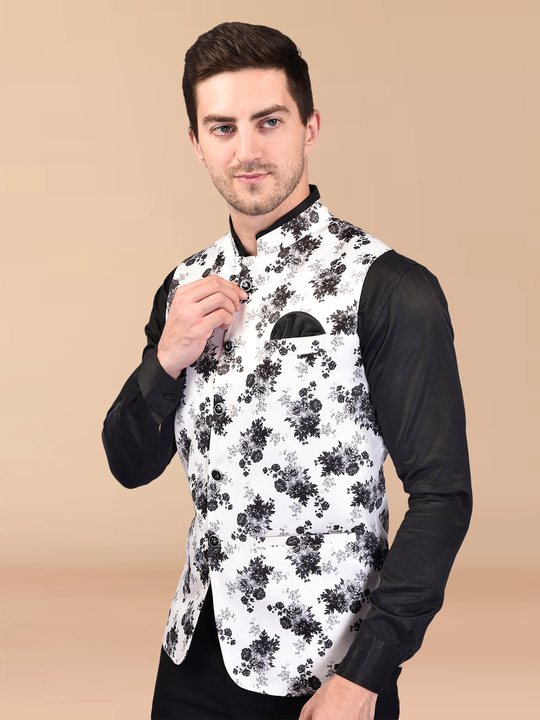 BOWLIFESTYLE Black Cotton Blend Printed Nehru Jacket