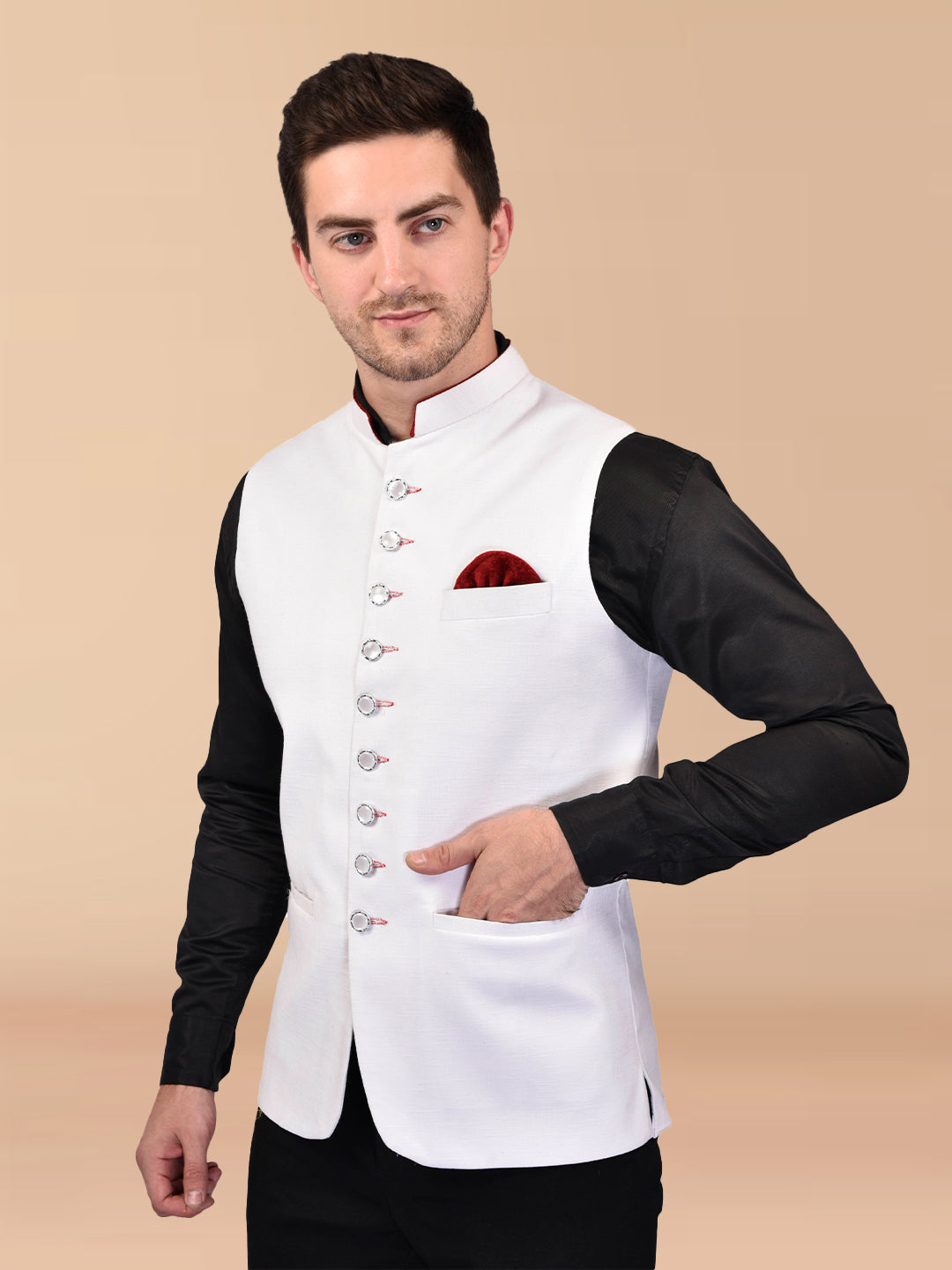 BOWLIFESTYLE White Cotton Blend Solid Nehru Jacket