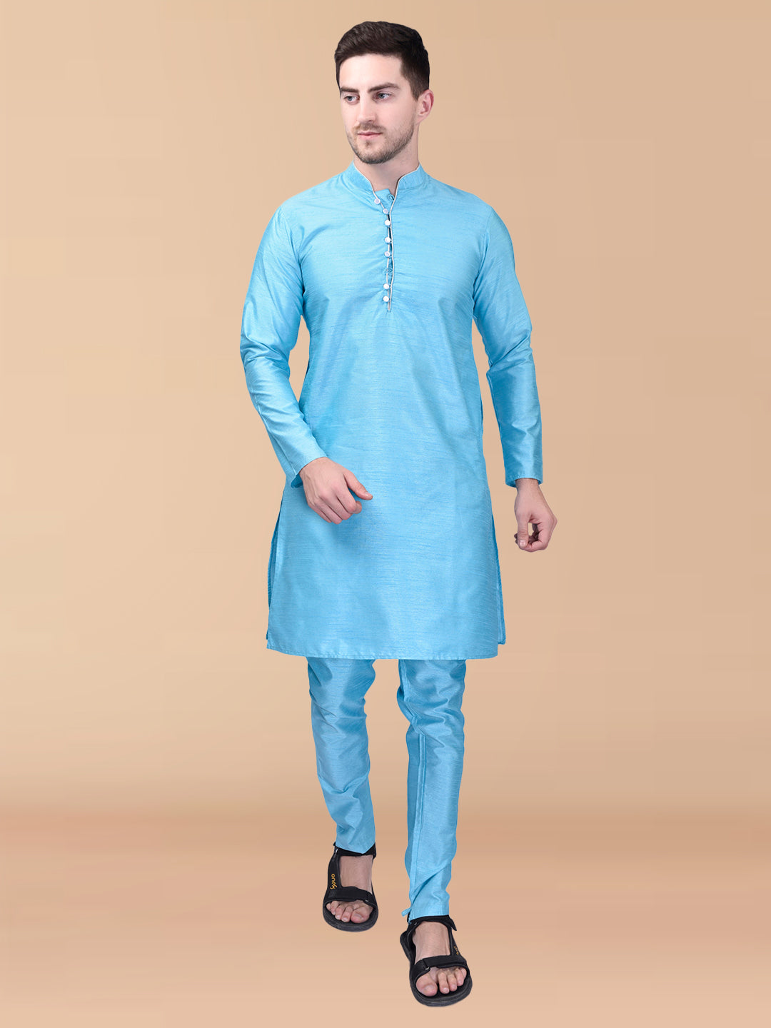 PRINTCULTR Sky Blue Solid Pure Silk Kurta Pant Set