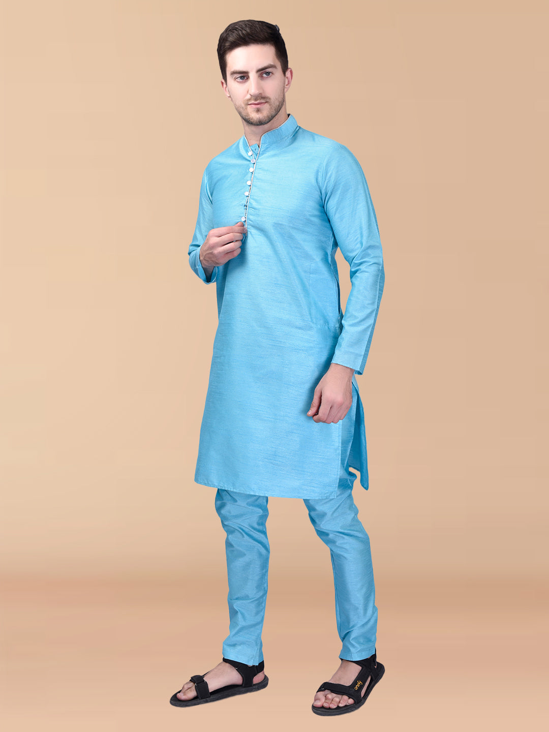 PRINTCULTR Sky Blue Solid Pure Silk Kurta Pant Set