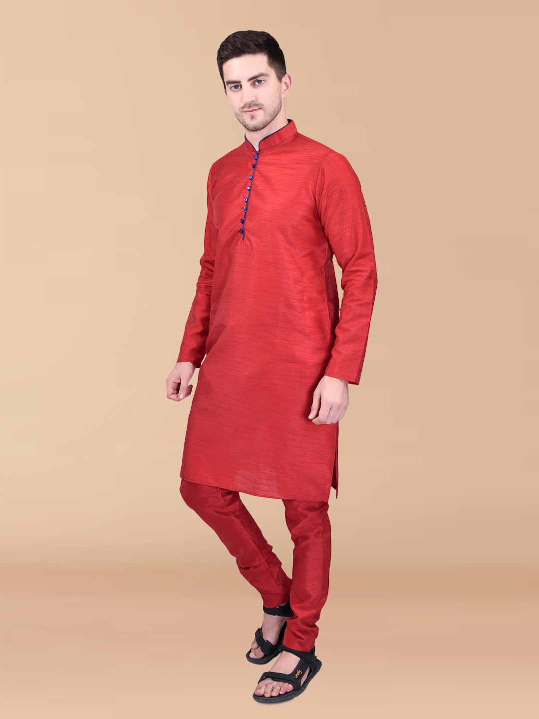 PRINTCULTR Red Solid Pure Silk Kurta Pant Set