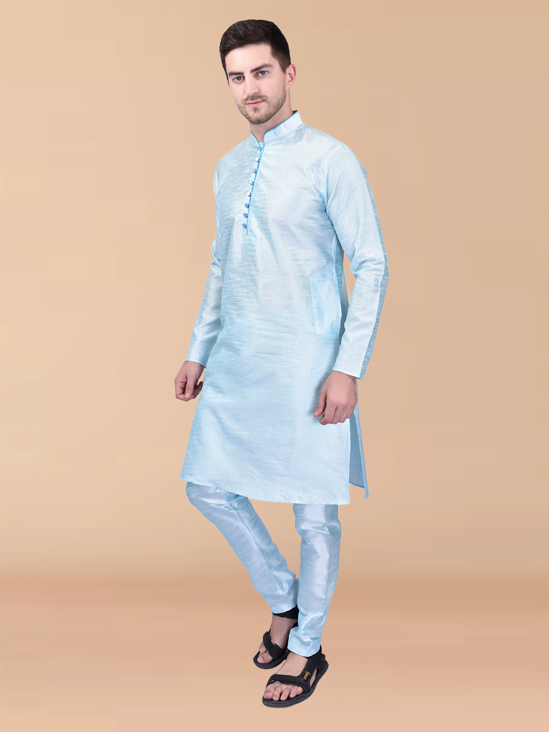 PRINTCULTR Light Blue Solid Pure Silk Kurta Pant Set